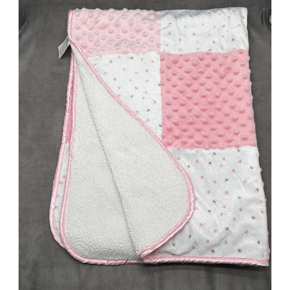 Just Born Patchwork Hearts Baby Blanket Minky Dots Pink/White Sherpa Satin Trim